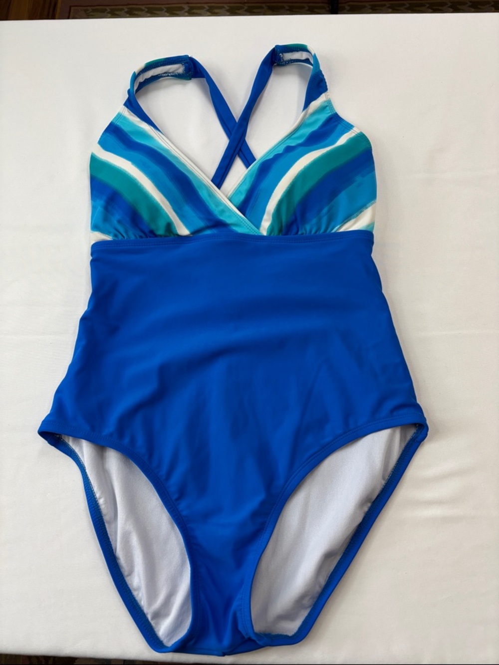 Women's Blue One-Piece Swimsuit with Striped Top